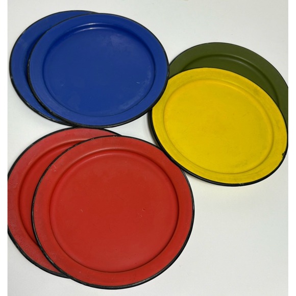 Lot of 6 MCM OTTO Japan Enamelware  Enamel Plates Red Yellow Blue Green - Picture 1 of 7